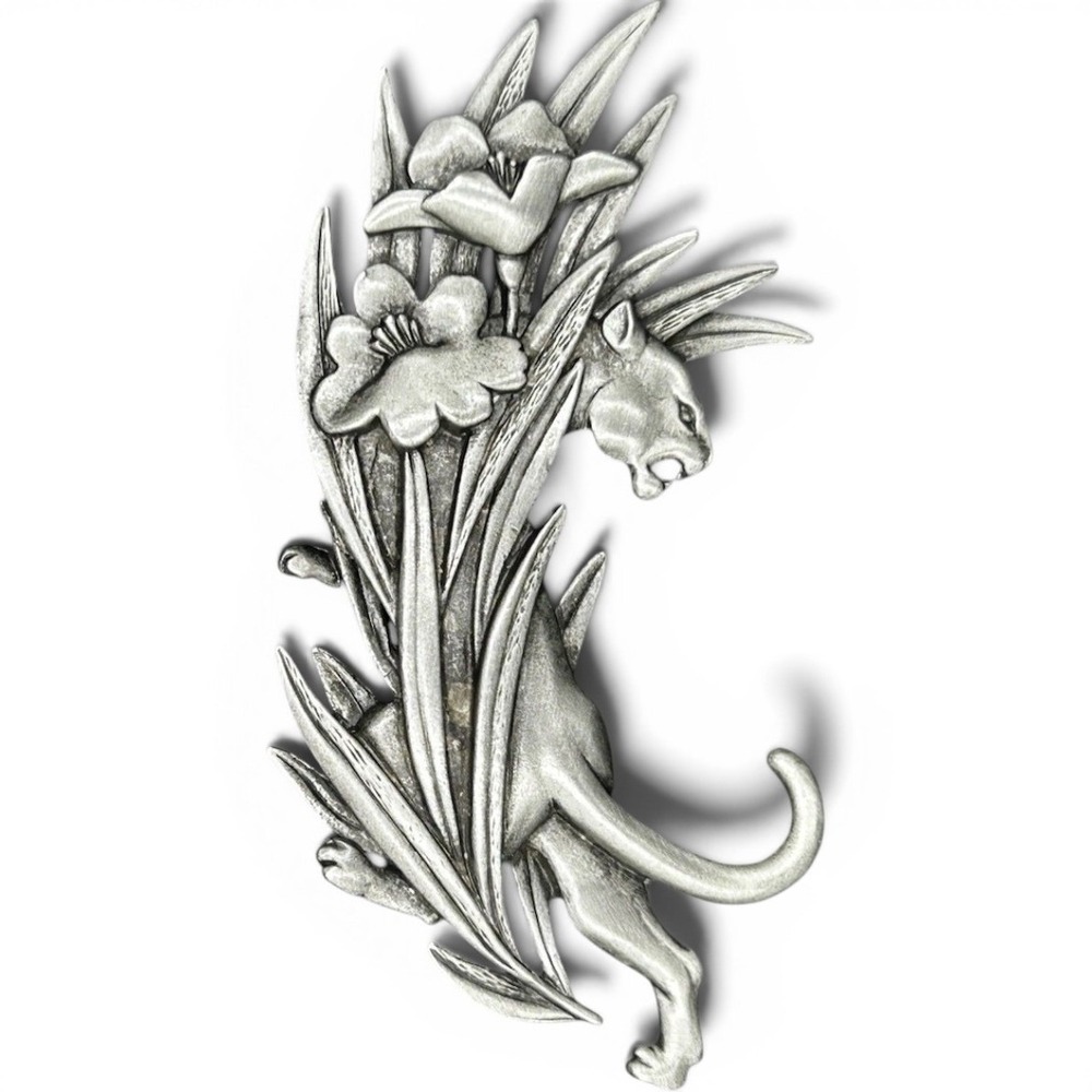 Vintage JJ Jonette Jewelry Leopard/Panther Big Cat Flowers Bronze Tone Brooch